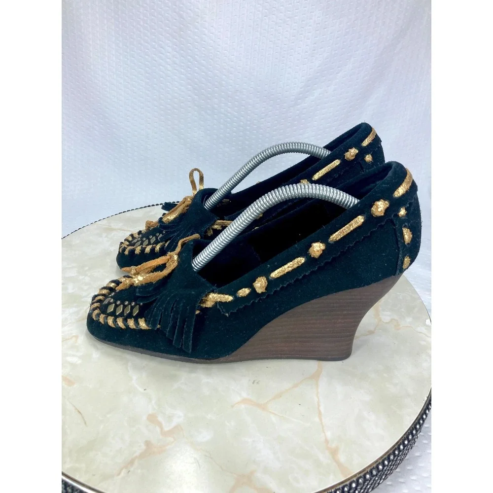 Sam Edelman Studded Fringe Moccasin Wedge Heels Womens 7.5 Black Leather Western